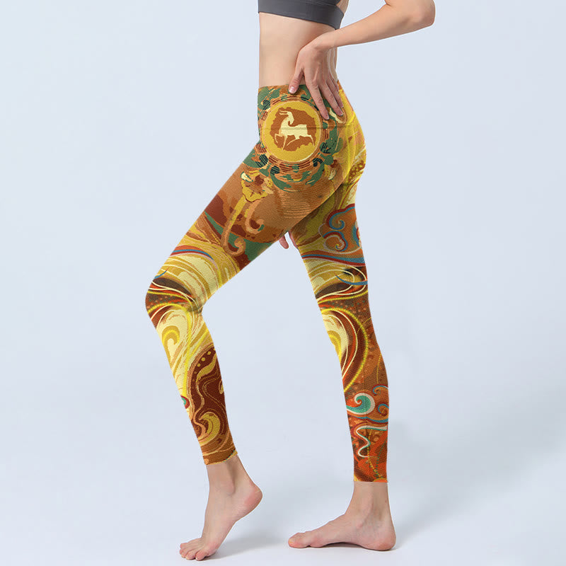 Leggings de yoga para mujer con estampado de ondas de nubes doradas y Buddha Stones