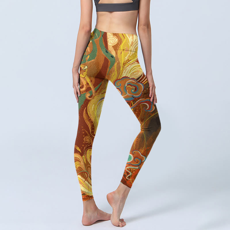 Leggings de yoga para mujer con estampado de ondas de nubes doradas y Buddha Stones