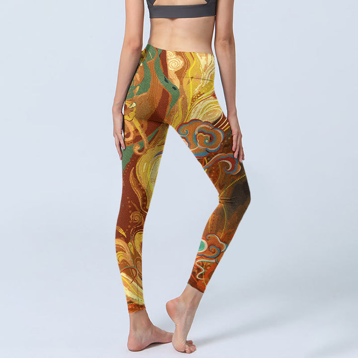 Leggings de yoga para mujer con estampado de ondas de nubes doradas y Buddha Stones