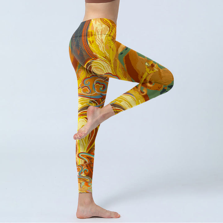 Leggings de yoga para mujer con estampado de ondas de nubes doradas y Buddha Stones