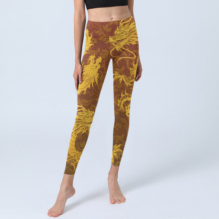 Leggings de yoga para mujer con estampado de flores de dragón dorado y Buddha Stones - image 6