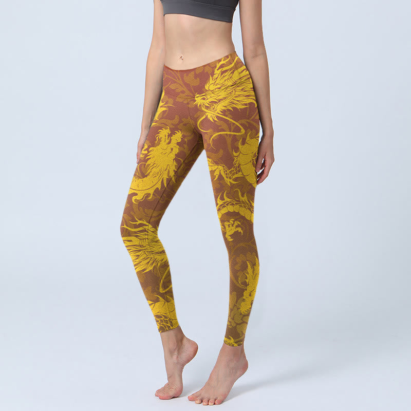 Leggings de yoga para mujer con estampado de flores de dragón dorado y Buddha Stones - Oro - US18，UK/AU22，EU50 (4XL) - image 0