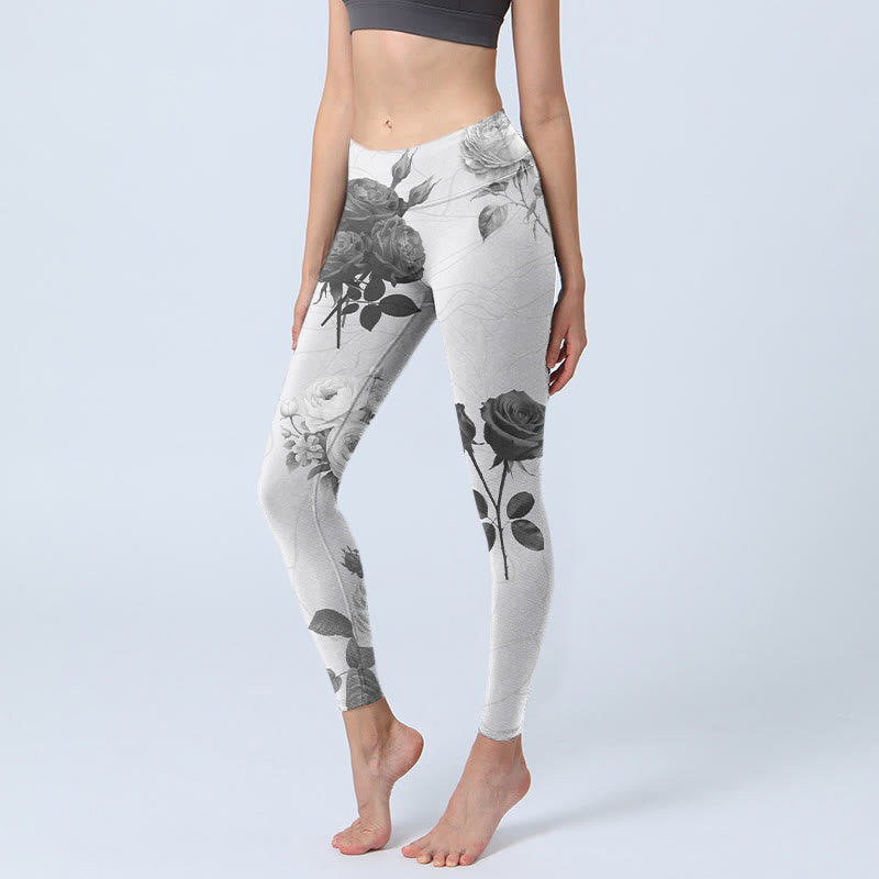 Leggings deportivos con Buddha Stones y rosas blancas y negras para mujer - Blanco - US18，UK/AU22，EU50 (4XL) - image 1