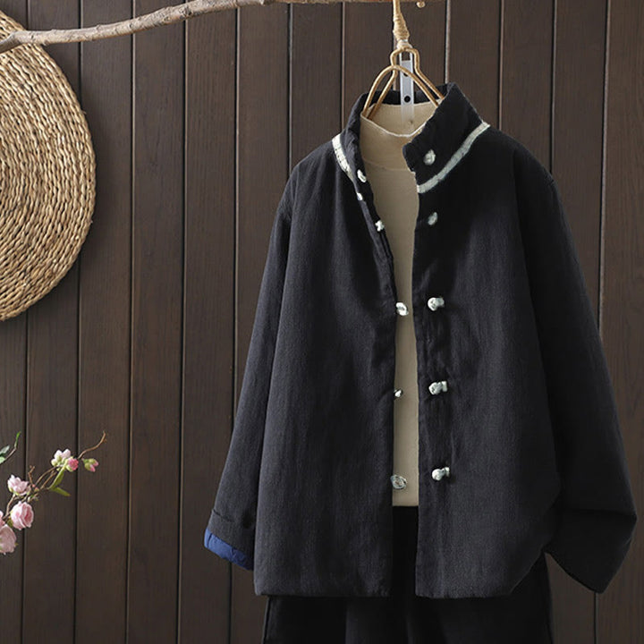 Chaqueta de mujer de algodón y lino con cuello alto, botones de rana y estampado de Buddha Stones en color liso. - Negro - US8-10，UK/AU12-14，EU40-42 (2XL) - image 18