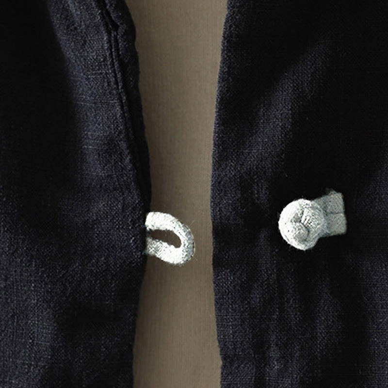 Chaqueta de mujer de algodón y lino con cuello alto, botones de rana y estampado de Buddha Stones en color liso. - image 21