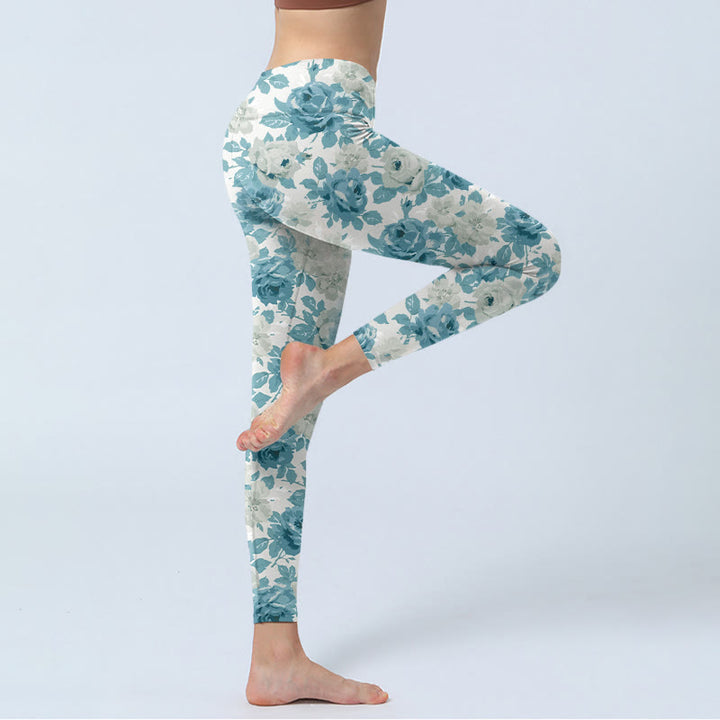 Leggings de yoga para mujer con diseño de flores blancas y verdes y Buddha Stones - image 4