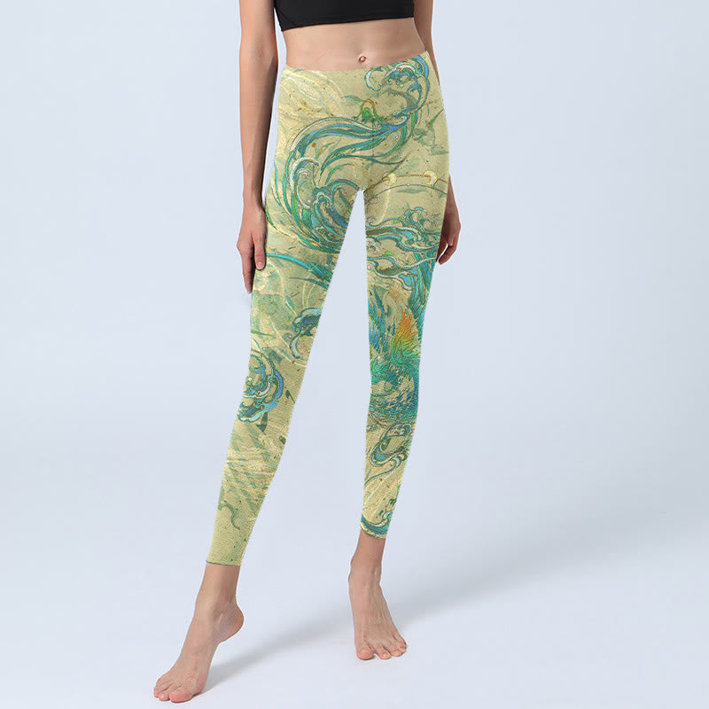 Pantalones de yoga para mujer con estampado de fénix azul y verde y Buddha Stones - image 6