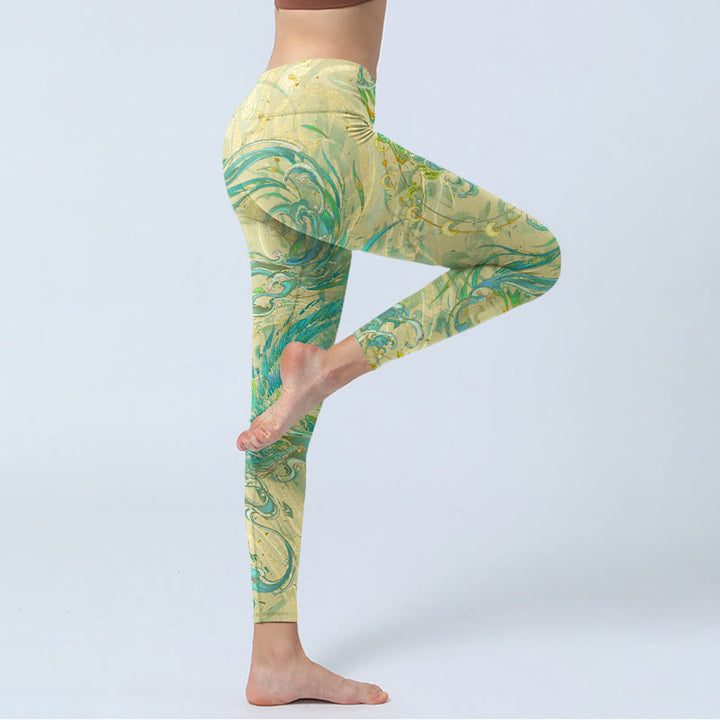 Pantalones de yoga para mujer con estampado de fénix azul y verde y Buddha Stones - image 4