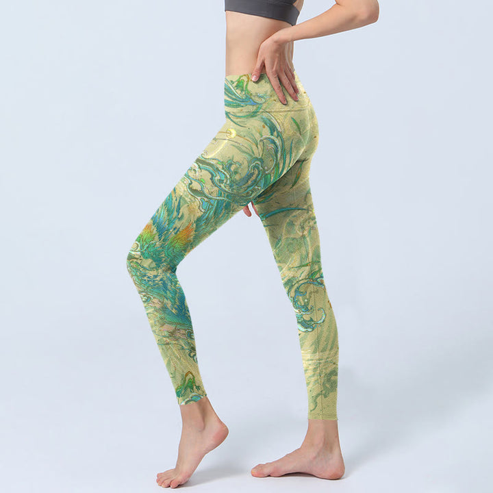 Pantalones de yoga para mujer con estampado de fénix azul y verde y Buddha Stones - image 3