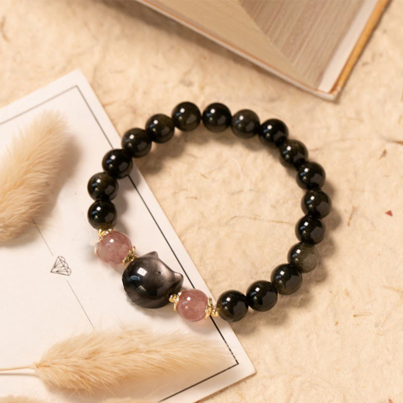 Pulsera de fuerza con cabeza de gato y obsidiana negra y cuentas de cuarzo fresa con Buddha Stones y brillo plateado - Obsidiana negra (circunferencia de la muñeca: 15-17 cm) - image 1