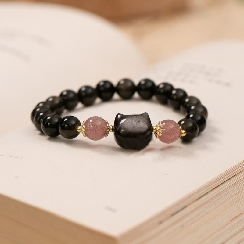 Pulsera de fuerza con cabeza de gato y obsidiana negra y cuentas de cuarzo fresa con Buddha Stones y brillo plateado - image 2