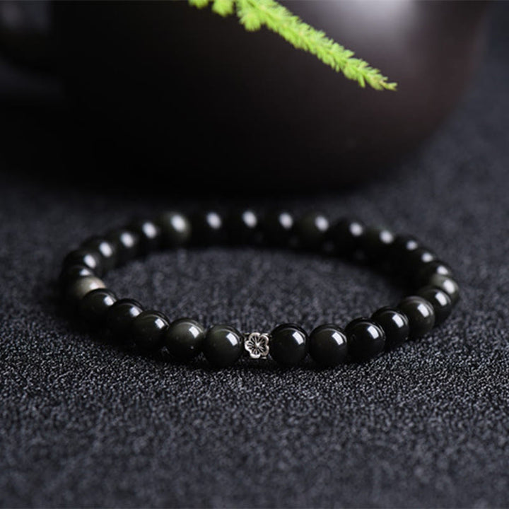 Pulsera de purificación con diseño de flores de plata de ley 925 con cuentas de obsidiana negra y Buddha Stones