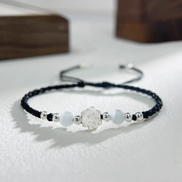 Pulsera de hilo de protección con cuentas de ojo de gato y diseño de loto en plata de ley 999 con Buddha Stones - Lotus Black (circunferencia de la muñeca: 15-18 cm) - image 0