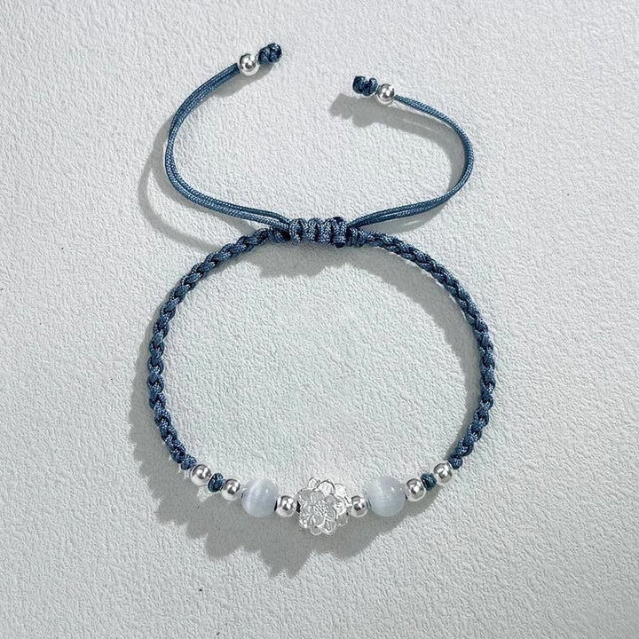 Pulsera de hilo de protección con cuentas de ojo de gato y diseño de loto en plata de ley 999 con Buddha Stones