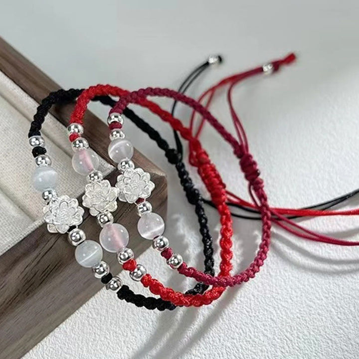 Pulsera de hilo de protección con cuentas de ojo de gato y diseño de loto en plata de ley 999 con Buddha Stones