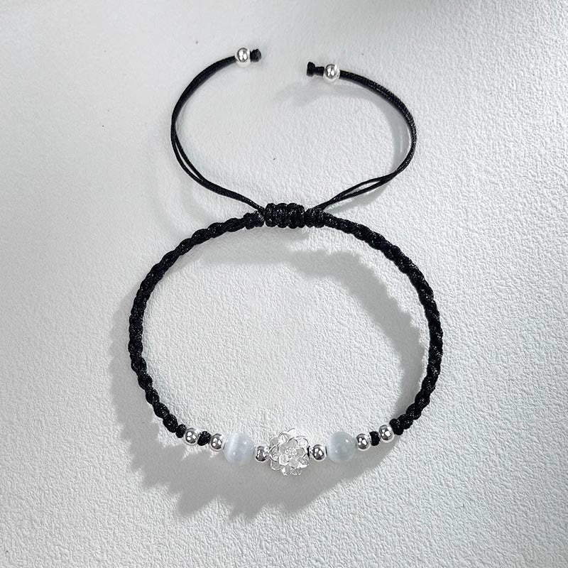 Pulsera de hilo de protección con cuentas de ojo de gato y diseño de loto en plata de ley 999 con Buddha Stones