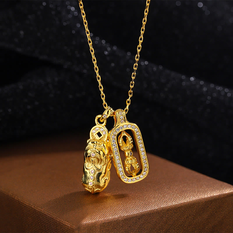 Colgante de collar de riqueza Vajra con moneda de cobre Pixiu dorada de plata esterlina 999 con Buddha Stones - PiXiu Vajra dorado de plata de ley 999 - image 1