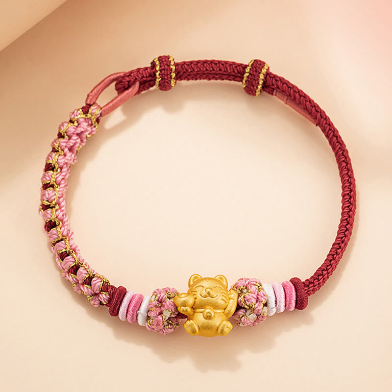 Pulsera de cuerda roja con lingote de gato de la suerte en plata de ley 999 hecha a mano con Buddha Stones y flor de durazno - image 1