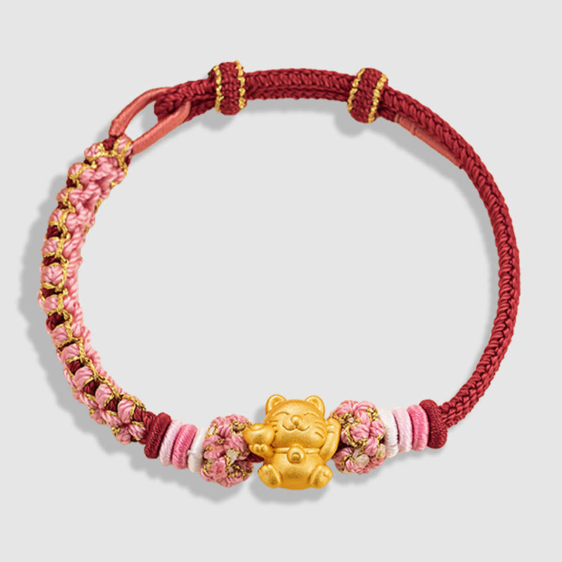 Pulsera de cuerda roja con lingote de gato de la suerte en plata de ley 999 hecha a mano con Buddha Stones y flor de durazno - image 12
