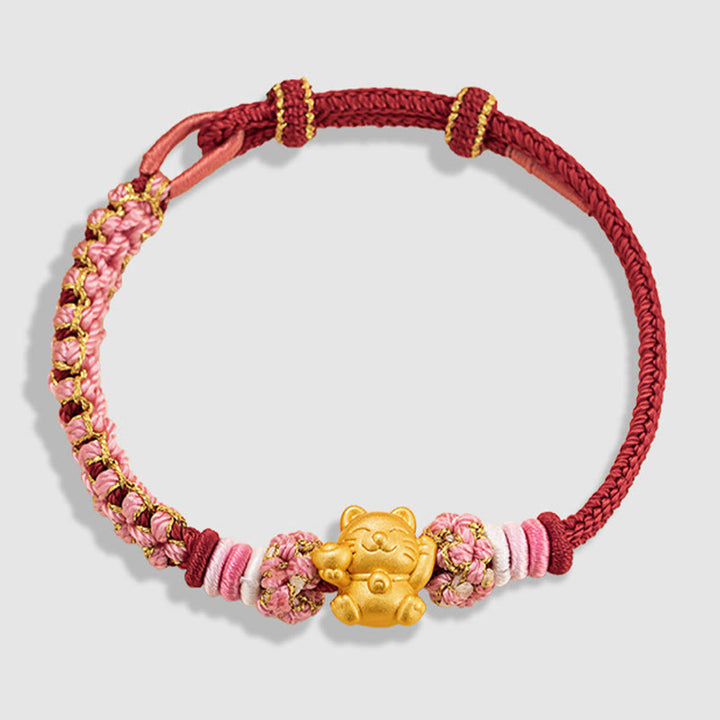 Pulsera de cuerda roja con lingote de gato de la suerte en plata de ley 999 hecha a mano con Buddha Stones y flor de durazno - image 12