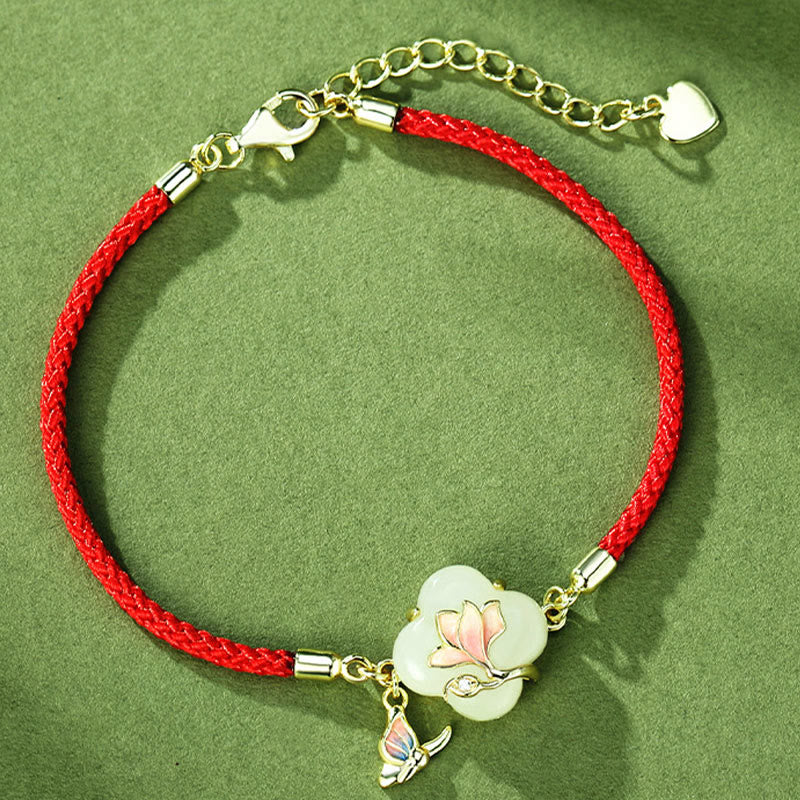 Pulsera de plata de ley 925 con Buddha Stones , jade hetiano, flor de magnolia, mariposa y cadena de la suerte - image 1