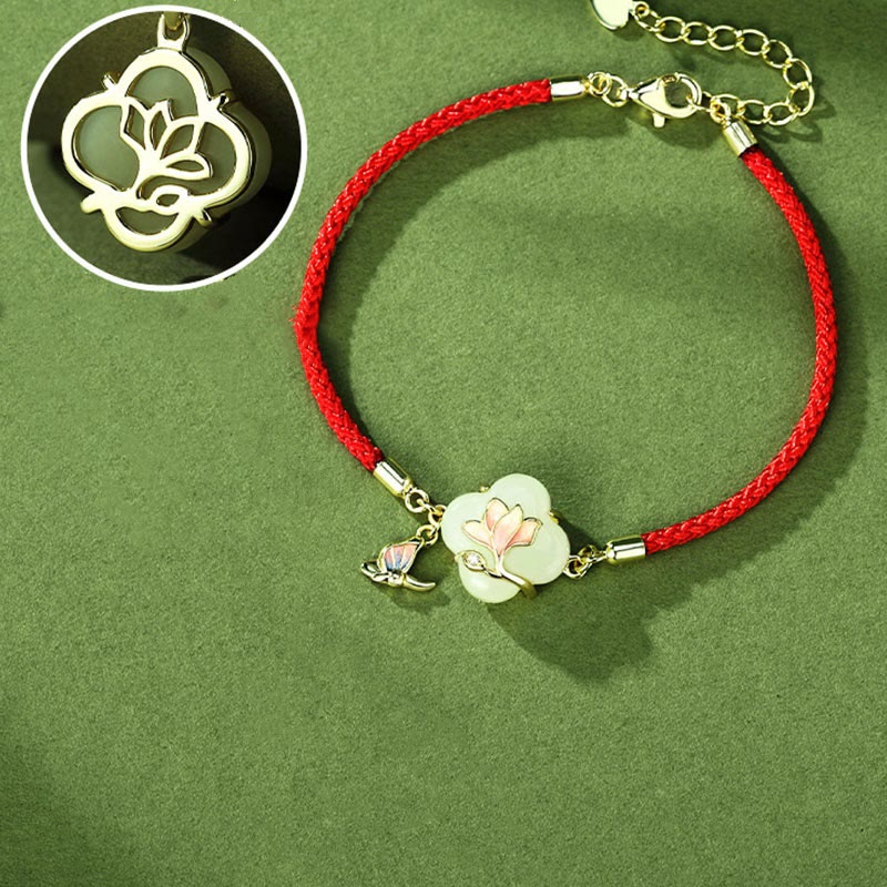 Pulsera de plata de ley 925 con Buddha Stones , jade hetiano, flor de magnolia, mariposa y cadena de la suerte - image 2