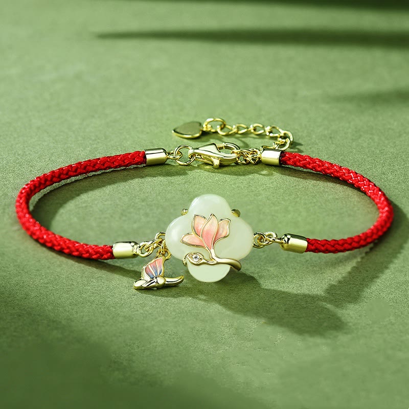 Pulsera de plata de ley 925 con Buddha Stones , jade hetiano, flor de magnolia, mariposa y cadena de la suerte - Jade (circunferencia de la muñeca 14-19 cm) - image 0