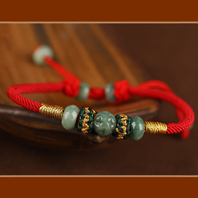 Pulsera de cuerda con hilo rojo de prosperidad y cuentas de ábaco de jade y Buddha Stones
