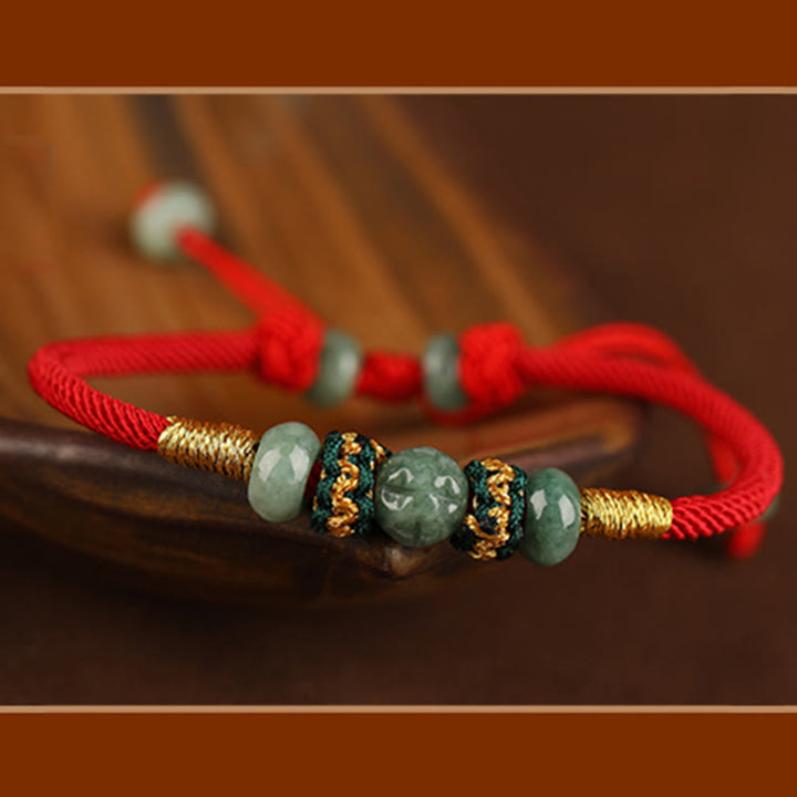 Pulsera de cuerda con hilo rojo de prosperidad y cuentas de ábaco de jade y Buddha Stones