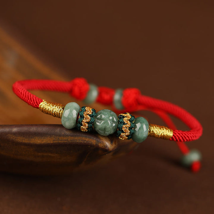 Pulsera de cuerda con hilo rojo de prosperidad y cuentas de ábaco de jade y Buddha Stones