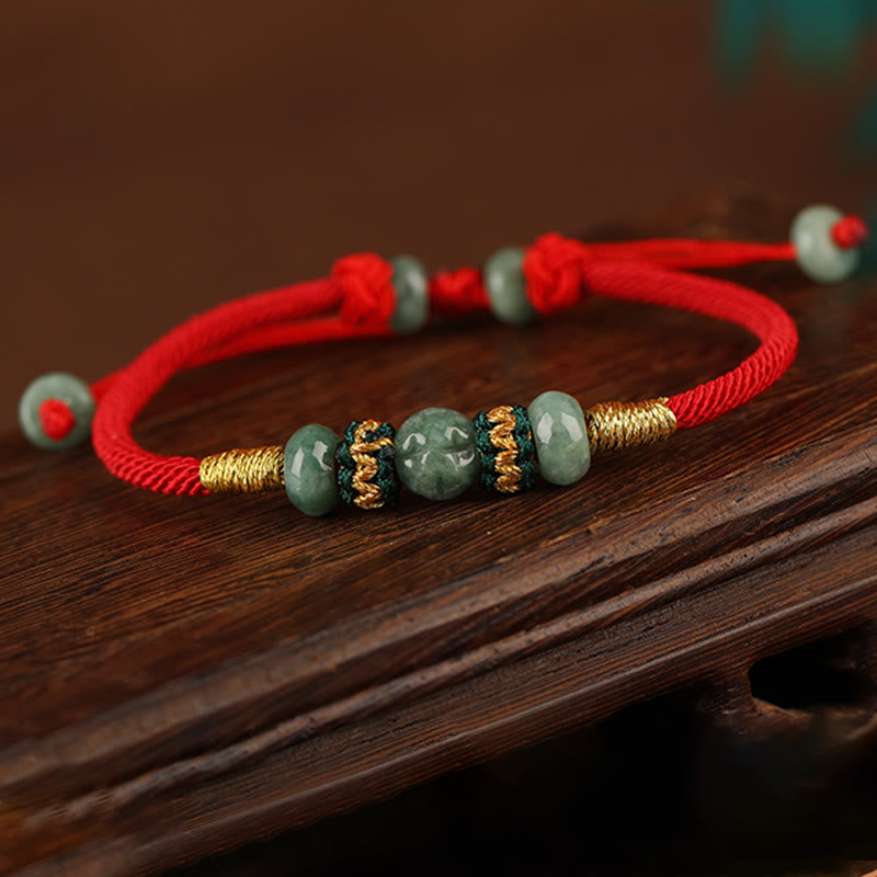 Pulsera de cuerda con hilo rojo de prosperidad y cuentas de ábaco de jade y Buddha Stones