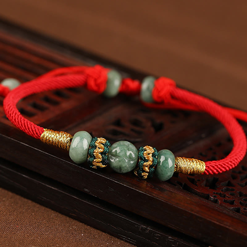 Pulsera de cuerda con hilo rojo de prosperidad y cuentas de ábaco de jade y Buddha Stones