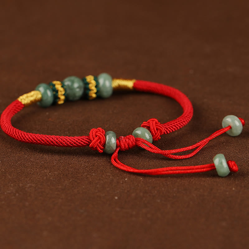 Pulsera de cuerda con hilo rojo de prosperidad y cuentas de ábaco de jade y Buddha Stones