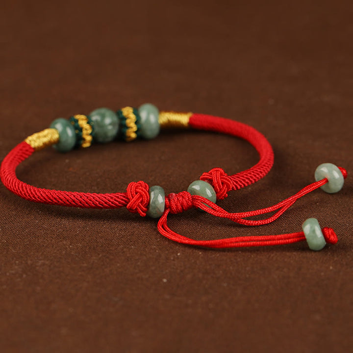 Pulsera de cuerda con hilo rojo de prosperidad y cuentas de ábaco de jade y Buddha Stones