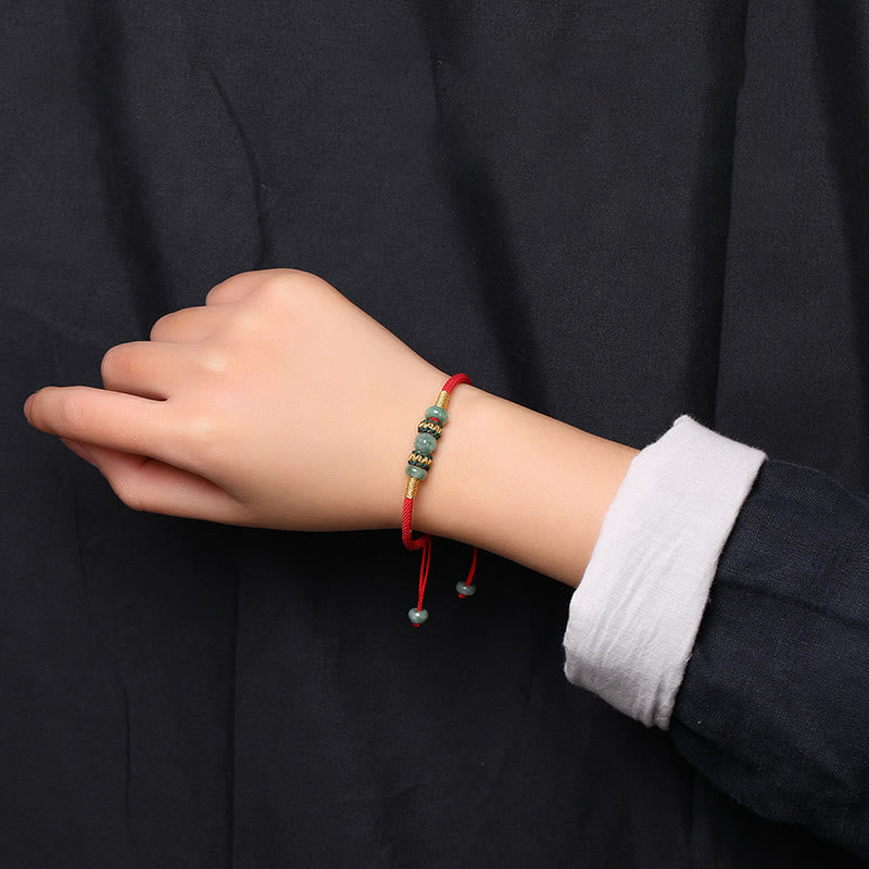 Pulsera de cuerda con hilo rojo de prosperidad y cuentas de ábaco de jade y Buddha Stones