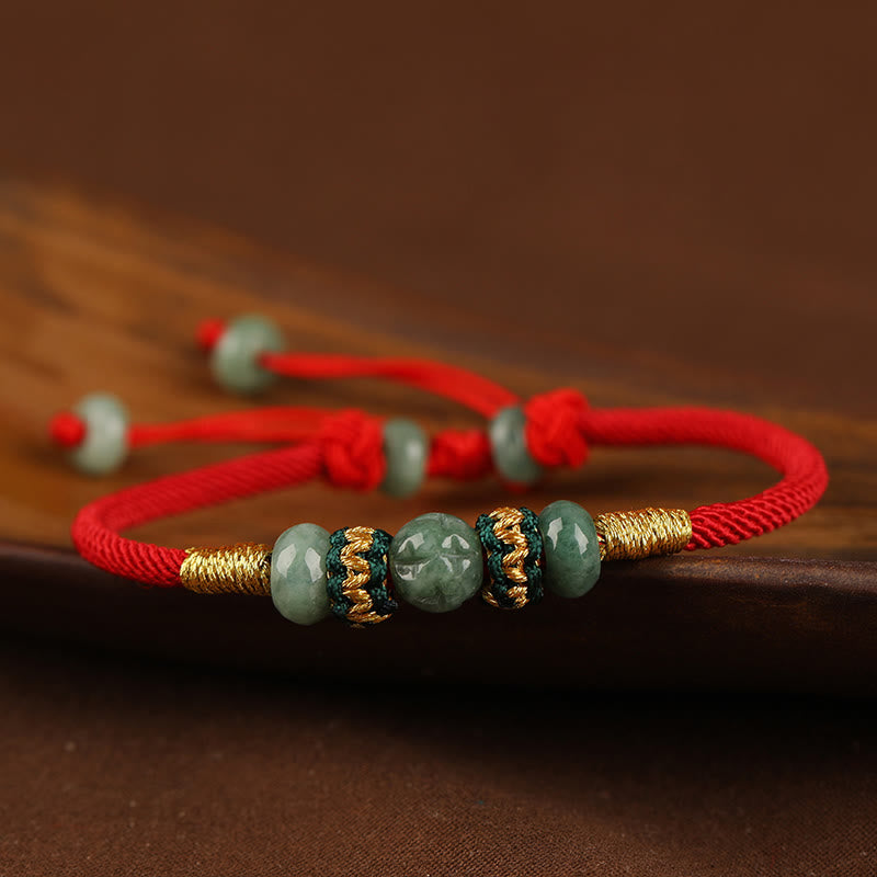 Pulsera de cuerda con hilo rojo de prosperidad y cuentas de ábaco de jade y Buddha Stones