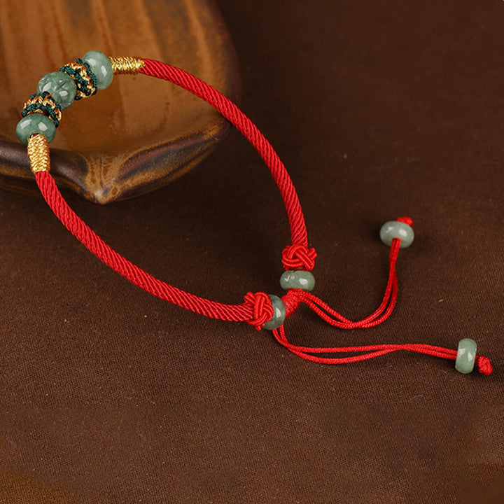 Pulsera de cuerda con hilo rojo de prosperidad y cuentas de ábaco de jade y Buddha Stones