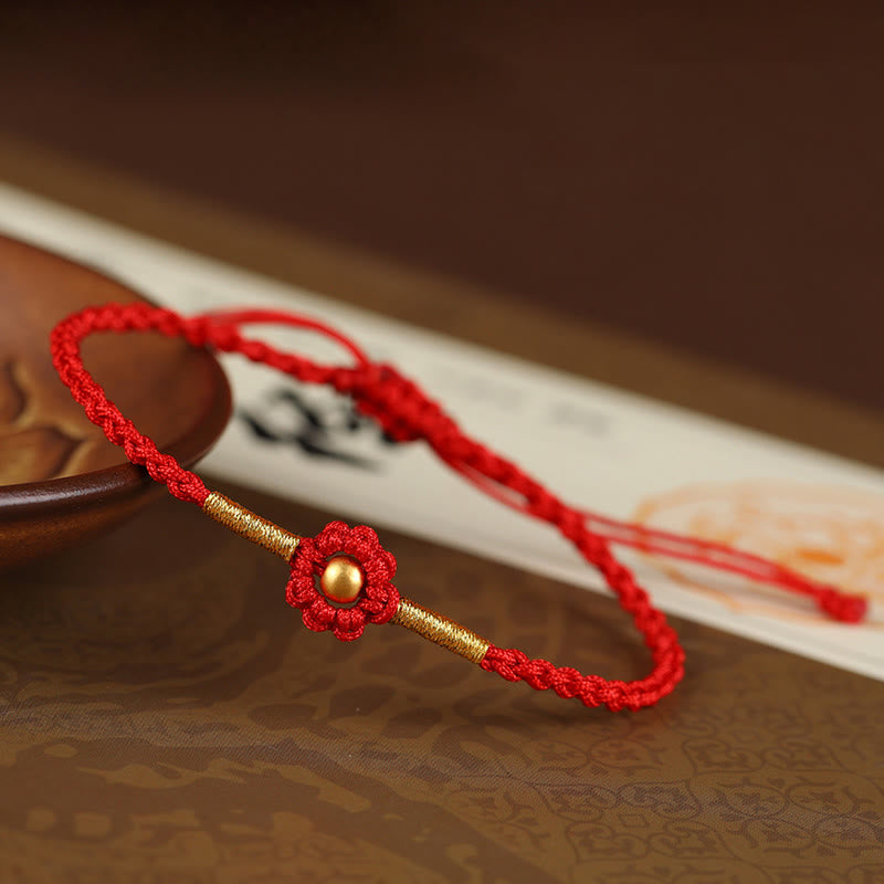 Pulsera de cuerda con diseño de flores en forma de mini cuentas de oro 999 con Buddha Stones para proteger la suerte - Cuenta roja de 4 mm (circunferencia de la muñeca: 14-18 cm) - image 3