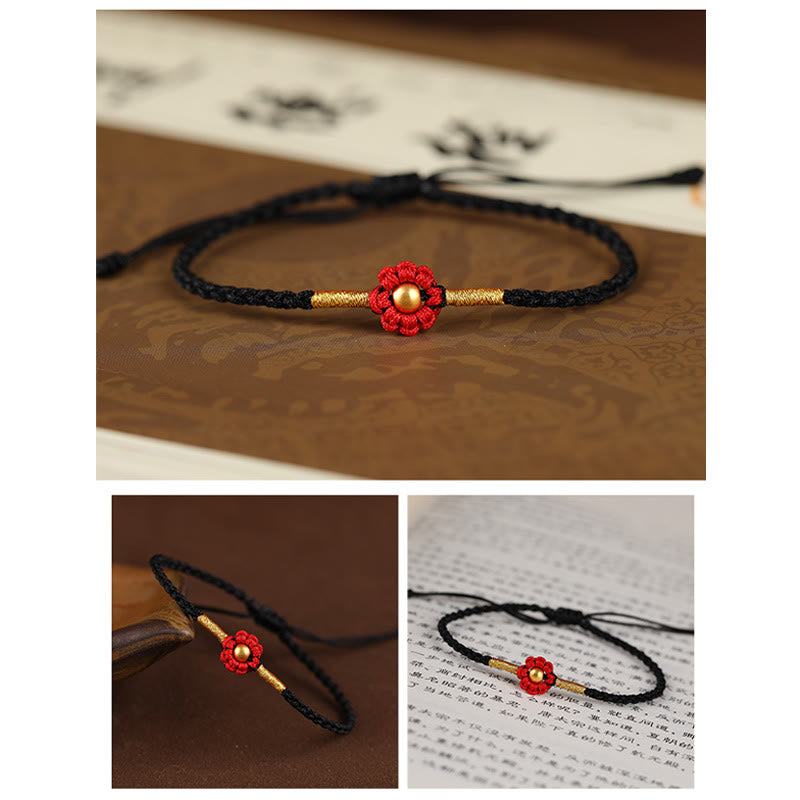 Pulsera de cuerda con diseño de flores en forma de mini cuentas de oro 999 con Buddha Stones para proteger la suerte