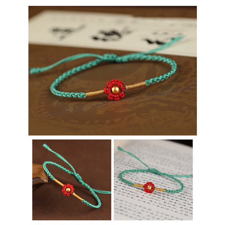 Pulsera de cuerda con diseño de flores en forma de mini cuentas de oro 999 con Buddha Stones para proteger la suerte