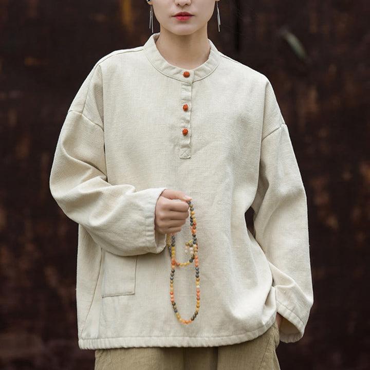 Camisa de lino y ramio de manga larga térmica de color sólido retro con Buddha Stones para mujer