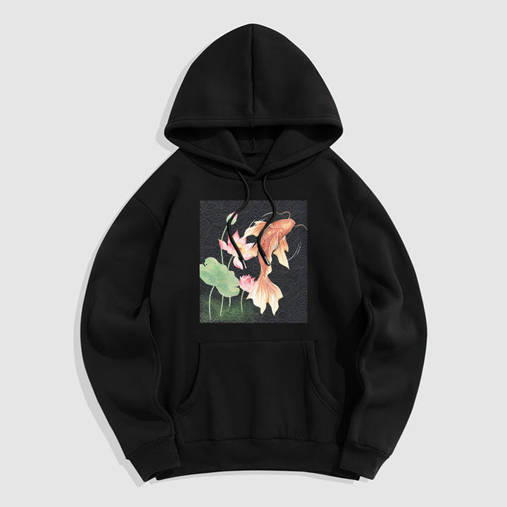 Buddha Stones Sudadera con capucha y forro polar con diseño de pez koi y loto - Negro - 2XL - image 17