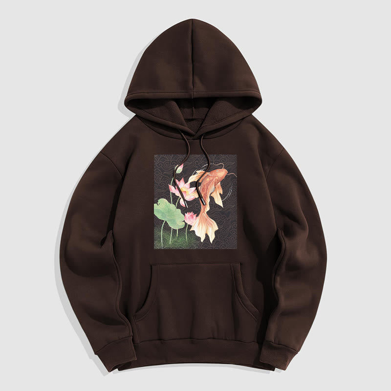 Buddha Stones Sudadera con capucha y forro polar con diseño de pez koi y loto - Marrón silla de montar - 2XL - image 25