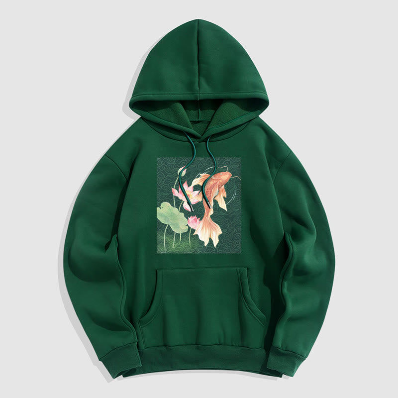 Buddha Stones Sudadera con capucha y forro polar con diseño de pez koi y loto - Verde bosque - 2XL - image 0