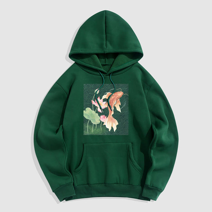 Buddha Stones Sudadera con capucha y forro polar con diseño de pez koi y loto - Verde bosque - 2XL - image 0