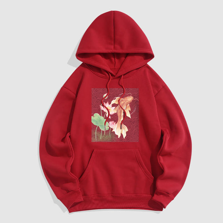 Buddha Stones Sudadera con capucha y forro polar con diseño de pez koi y loto - Rojo - 2XL - image 9