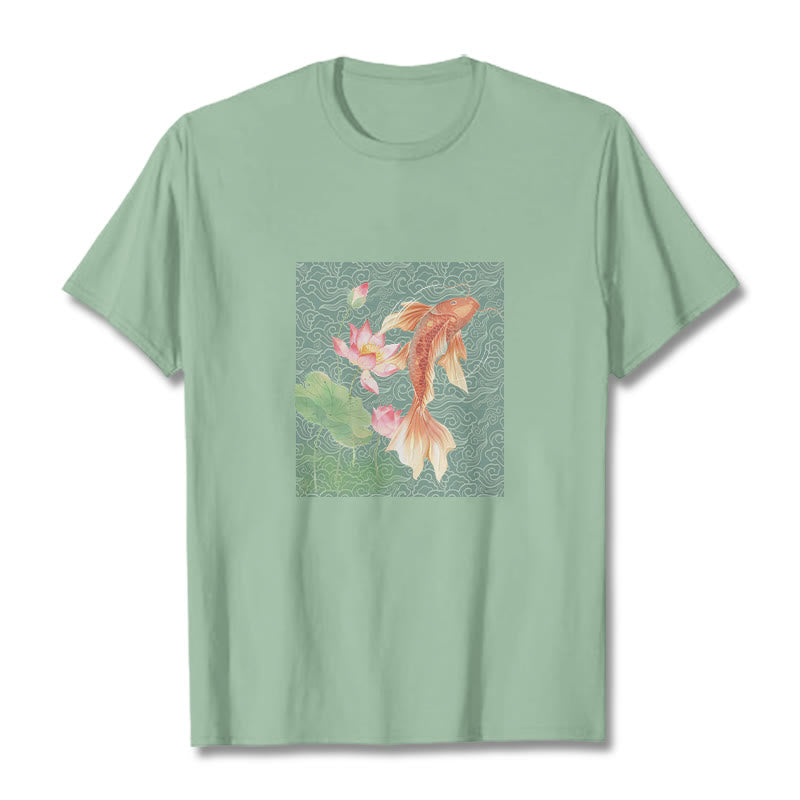 Camiseta de algodón con combinación de loto, pez koi y Buddha Stones - Verde pálido - 2XL - image 15