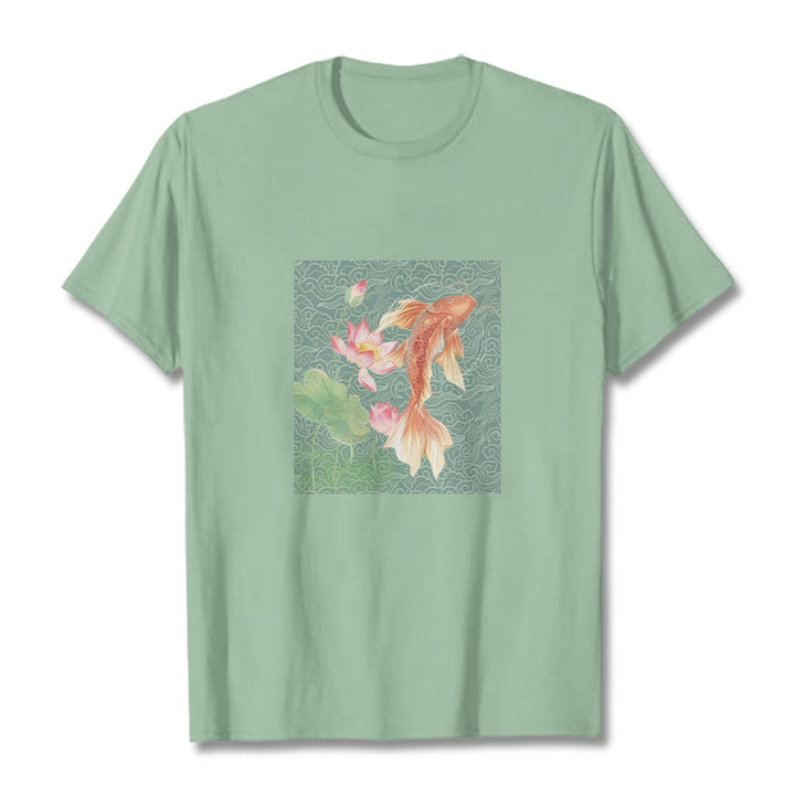 Camiseta de algodón con combinación de loto, pez koi y Buddha Stones - Verde pálido - 2XL - image 15
