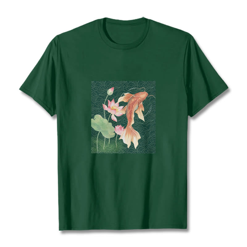 Camiseta de algodón con combinación de loto, pez koi y Buddha Stones - Verde bosque - 2XL - image 10
