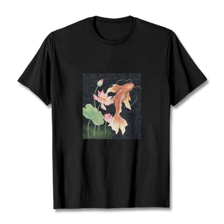 Camiseta de algodón con combinación de loto, pez koi y Buddha Stones - Negro - 2XL - image 5